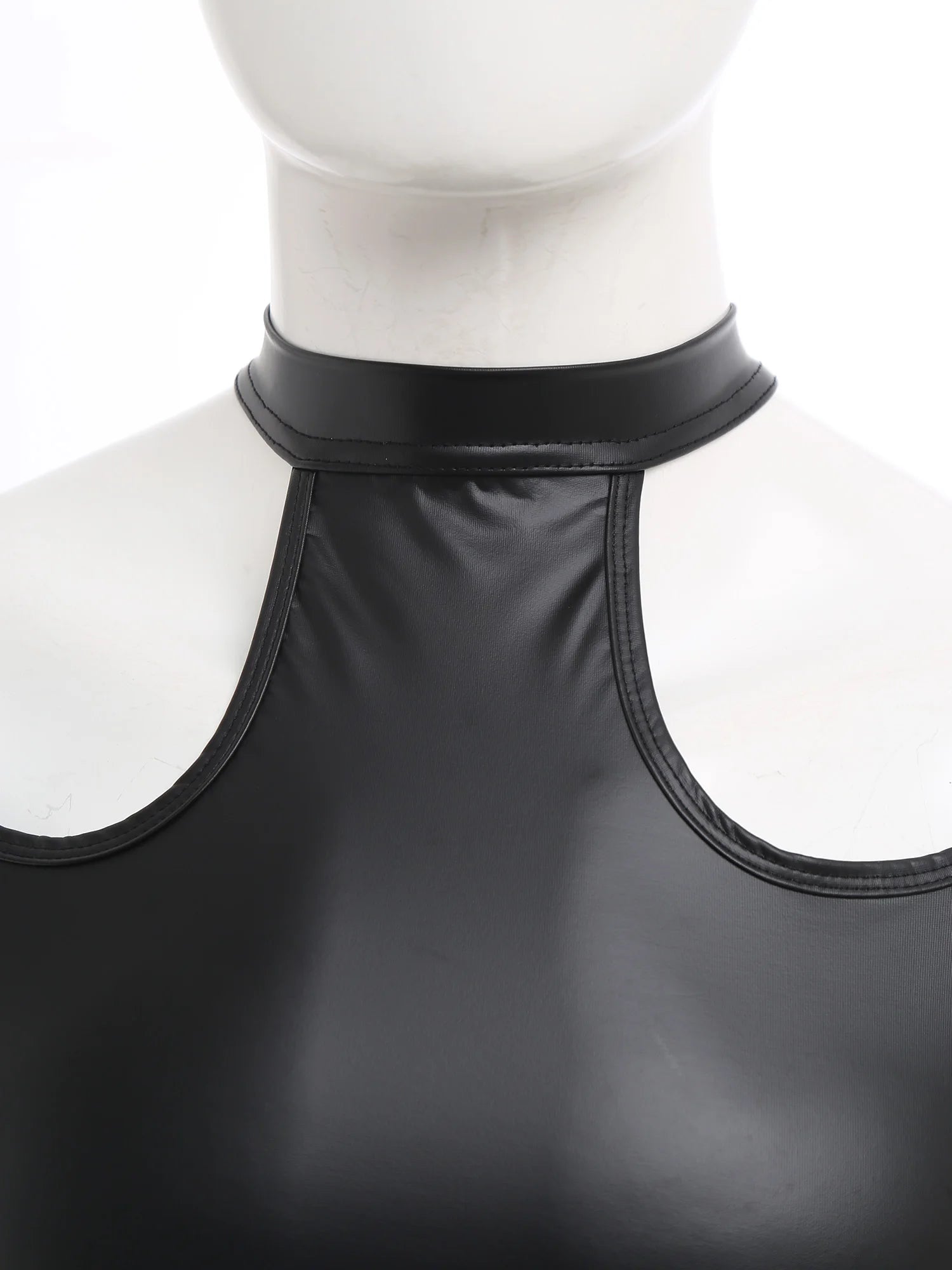 flat lay of Black Tension PU Leather Choker Tank - pridevoyageshop.com - gay men's harness, fetish gear, rave outfit
