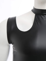 flat lay of Black Tension PU Leather Choker Tank - pridevoyageshop.com - gay men's harness, fetish gear, rave outfit
