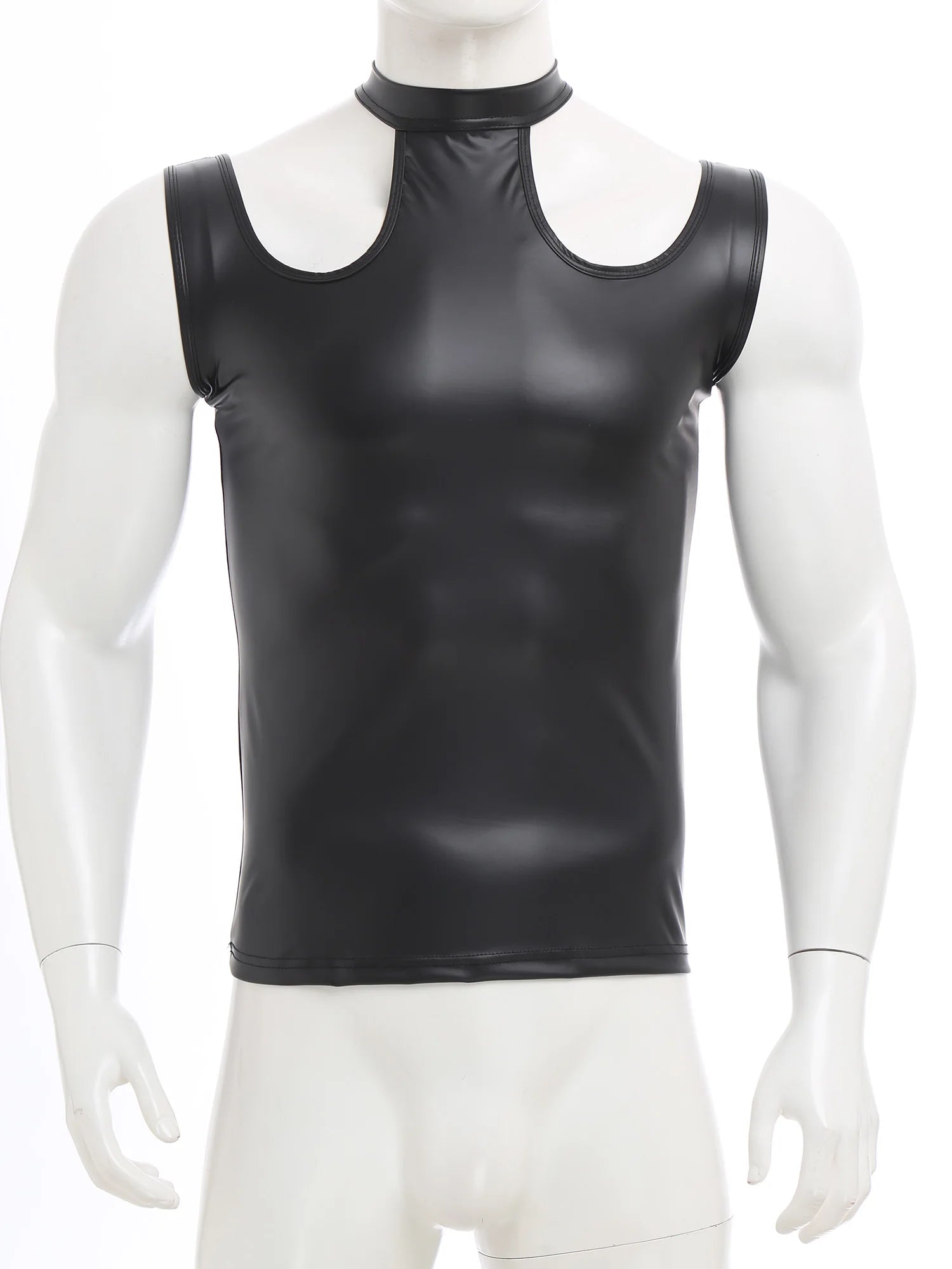 flat lay of Black Tension PU Leather Choker Tank - pridevoyageshop.com - gay men's harness, fetish gear, rave outfit
