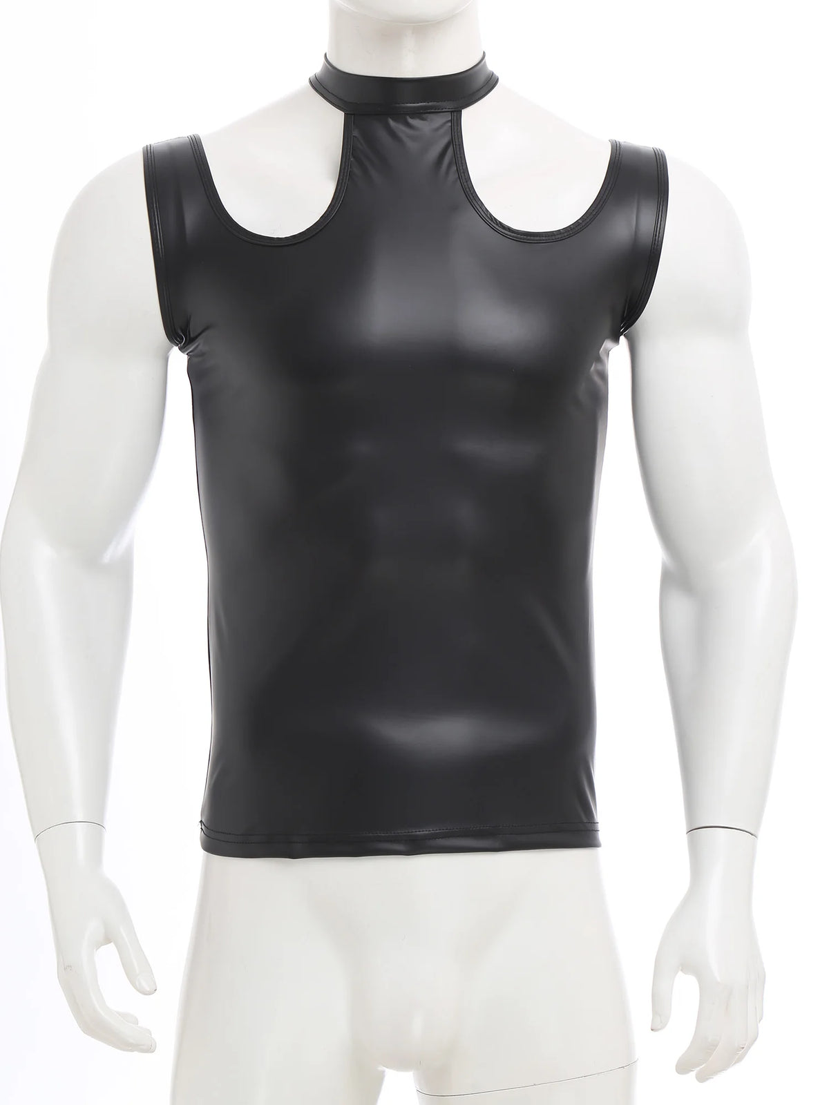 flat lay of Black Tension PU Leather Choker Tank - pridevoyageshop.com - gay men's harness, fetish gear, rave outfit
