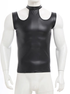 flat lay of Black Tension PU Leather Choker Tank - pridevoyageshop.com - gay men's harness, fetish gear, rave outfit
