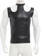 flat lay of Black Tension PU Leather Choker Tank - pridevoyageshop.com - gay men's harness, fetish gear, rave outfit
