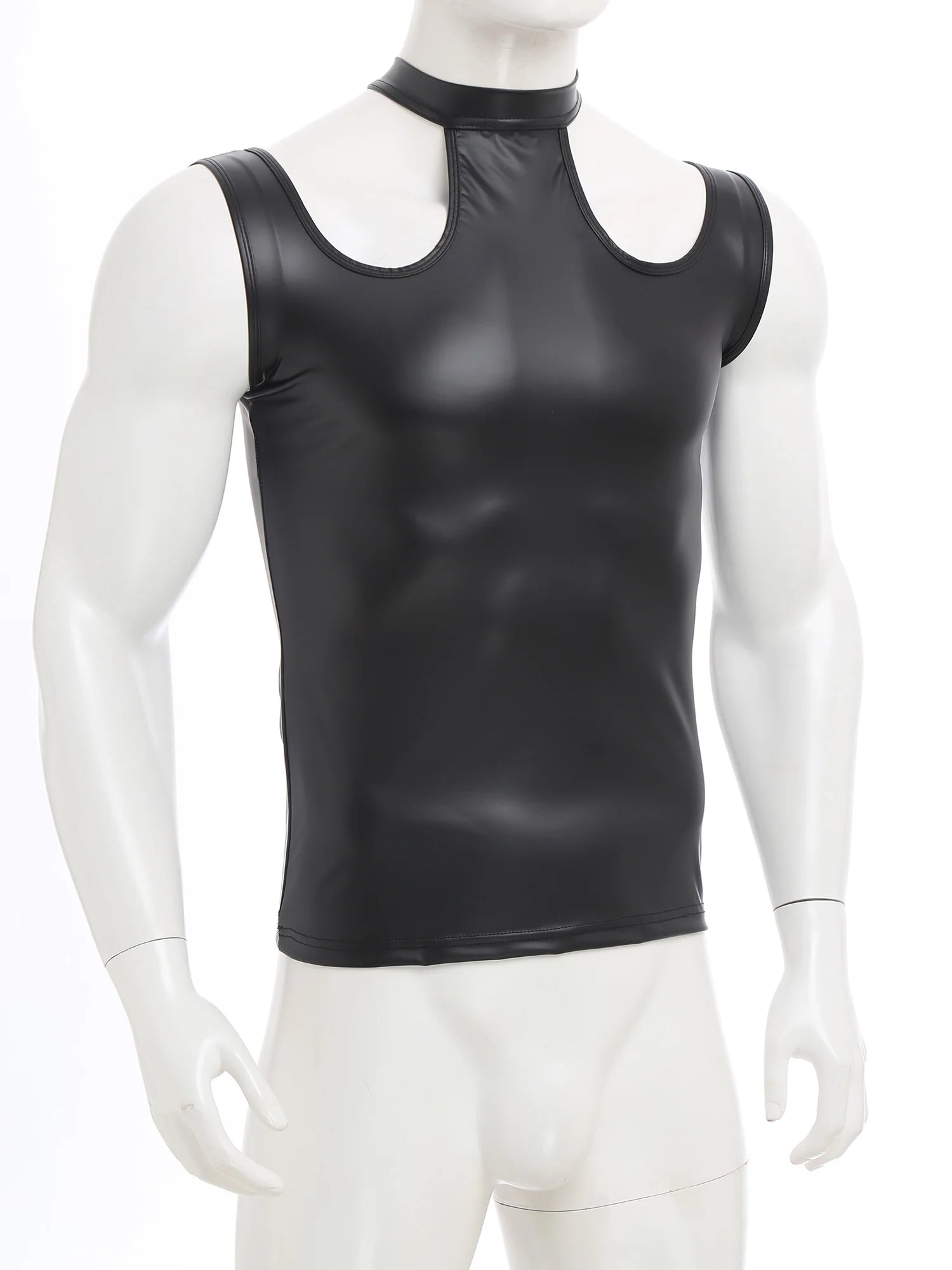 flat lay of Black Tension PU Leather Choker Tank - pridevoyageshop.com - gay men's harness, fetish gear, rave outfit
