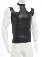 flat lay of Black Tension PU Leather Choker Tank - pridevoyageshop.com - gay men's harness, fetish gear, rave outfit
