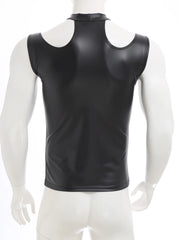 flat lay of Black Tension PU Leather Choker Tank - pridevoyageshop.com - gay men's harness, fetish gear, rave outfit
