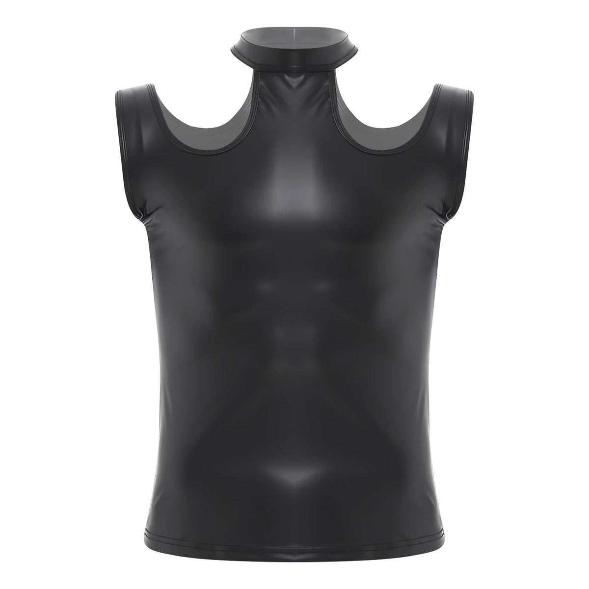 flat lay of Black Tension PU Leather Choker Tank - pridevoyageshop.com - gay men's harness, fetish gear, rave outfit
