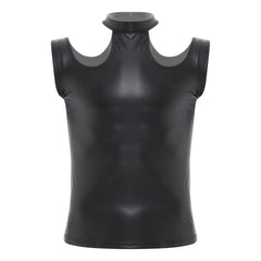flat lay of Black Tension PU Leather Choker Tank - pridevoyageshop.com - gay men's harness, fetish gear, rave outfit
