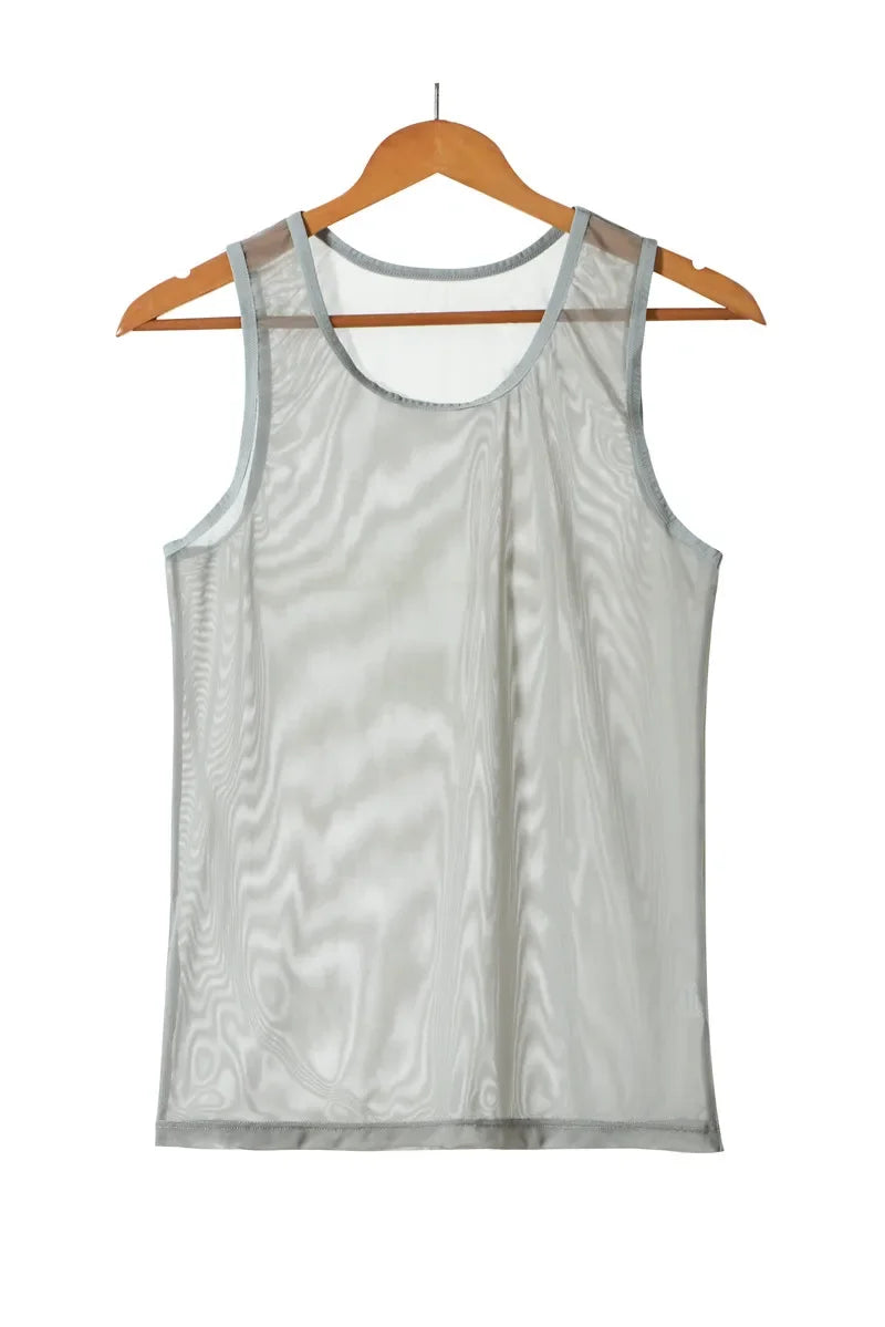 flat lay of Gray Discreet Mesh Tank - pridevoyageshop.com - gay men's fashion, clubwear, party outfit
