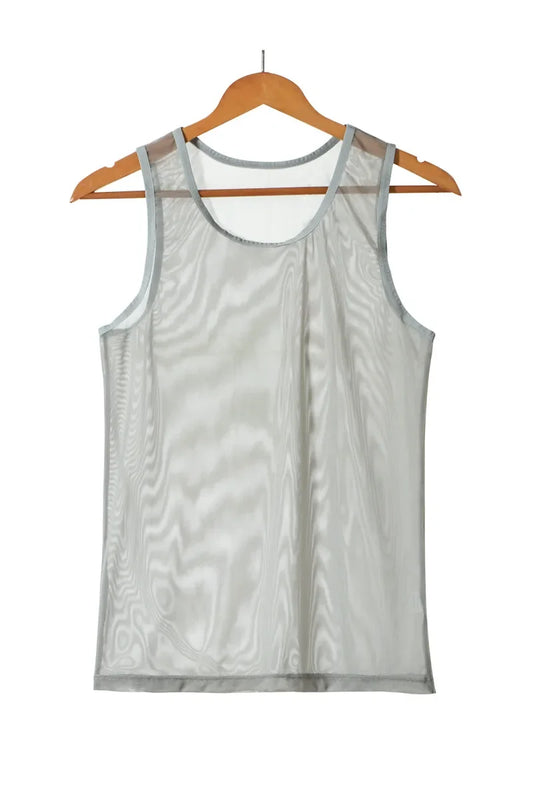 flat lay of Gray Discreet Mesh Tank - pridevoyageshop.com - gay men's fashion, clubwear, party outfit
