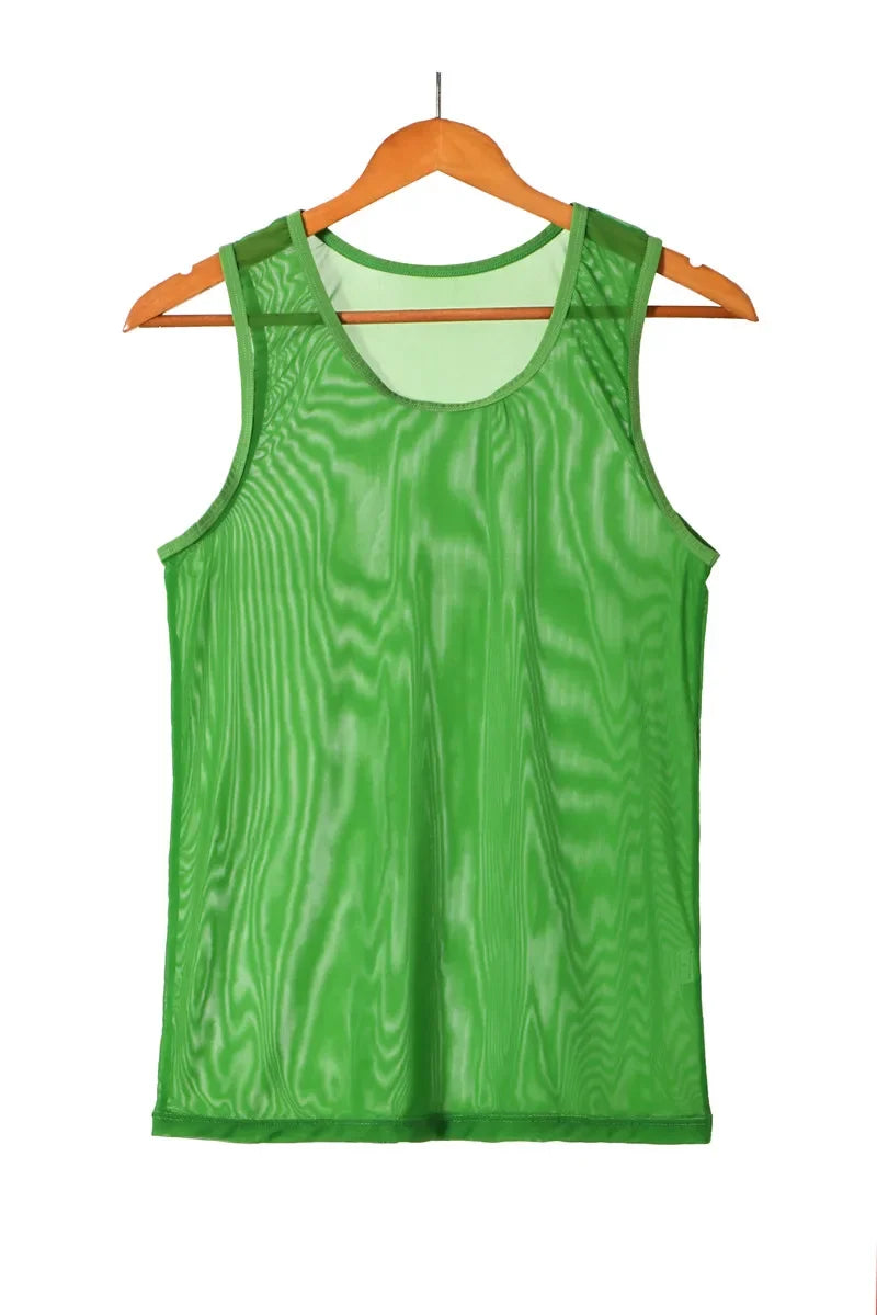flat lay of Green Discreet Mesh Tank - pridevoyageshop.com - gay men's fashion, clubwear, party outfit
