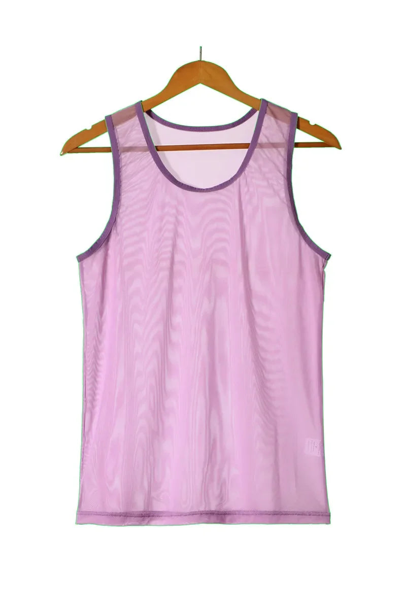 flat lay of Purple Discreet Mesh Tank - pridevoyageshop.com - gay men's fashion, clubwear, party outfit
