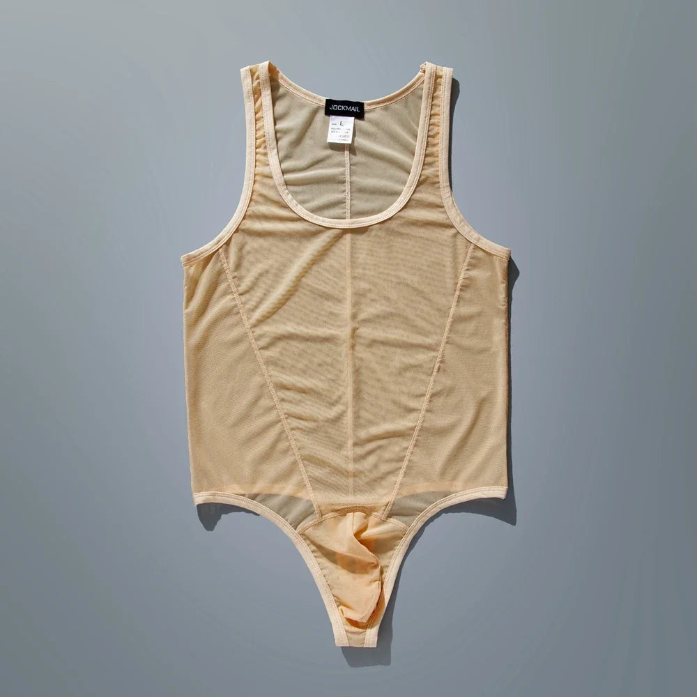 flat lay of apricot sheer mesh high-cut leotard showing see-through stretch fabric and elastic trim, apricot nude color – pridevoyageshop.com – gay men’s harness, lingerie and fetish wear
