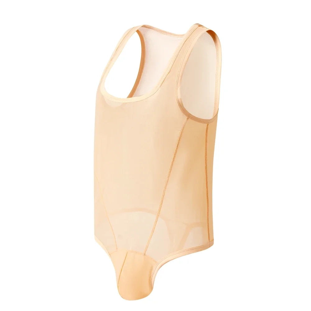 flat lay of apricot sheer mesh high-cut leotard showing see-through stretch fabric and elastic trim, apricot nude color – pridevoyageshop.com – gay men’s harness, lingerie and fetish wear