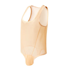 flat lay of apricot sheer mesh high-cut leotard showing see-through stretch fabric and elastic trim, apricot nude color – pridevoyageshop.com – gay men’s harness, lingerie and fetish wear