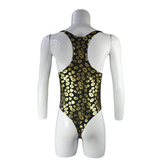 flat lay of black kiss-print racerback leotard with bold lip pattern and high-cut silhouette – pridevoyageshop.com – gay men’s harness, lingerie and fetish wear