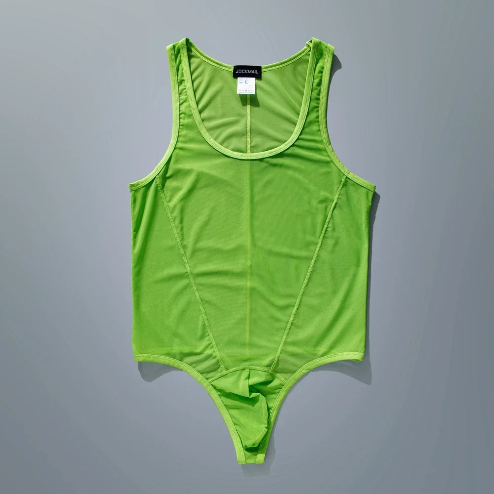 flat lay of green sheer mesh high-cut leotard showing see-through stretch fabric and elastic trim, green color – pridevoyageshop.com – gay men’s harness, lingerie and fetish wear