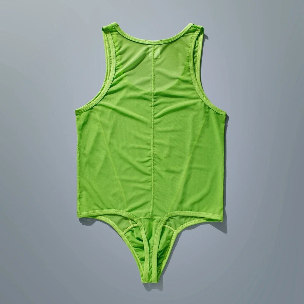 flat lay of green sheer mesh high-cut leotard showing see-through stretch fabric and elastic trim, green color – pridevoyageshop.com – gay men’s harness, lingerie and fetish wear