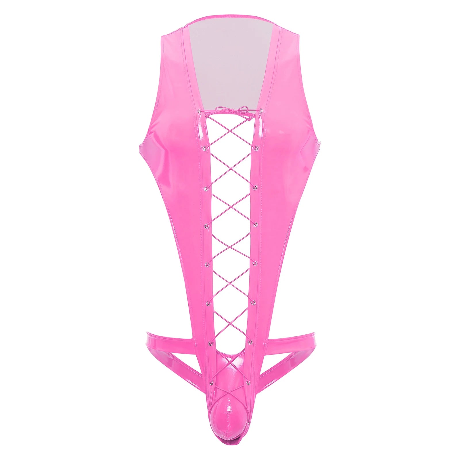 flat lay of hot pink wet-look corset teddy with glossy latex-effect finish, cinched waist and thong back, hot pink color – pridevoyageshop.com – gay men’s harness, lingerie and fetish wear
