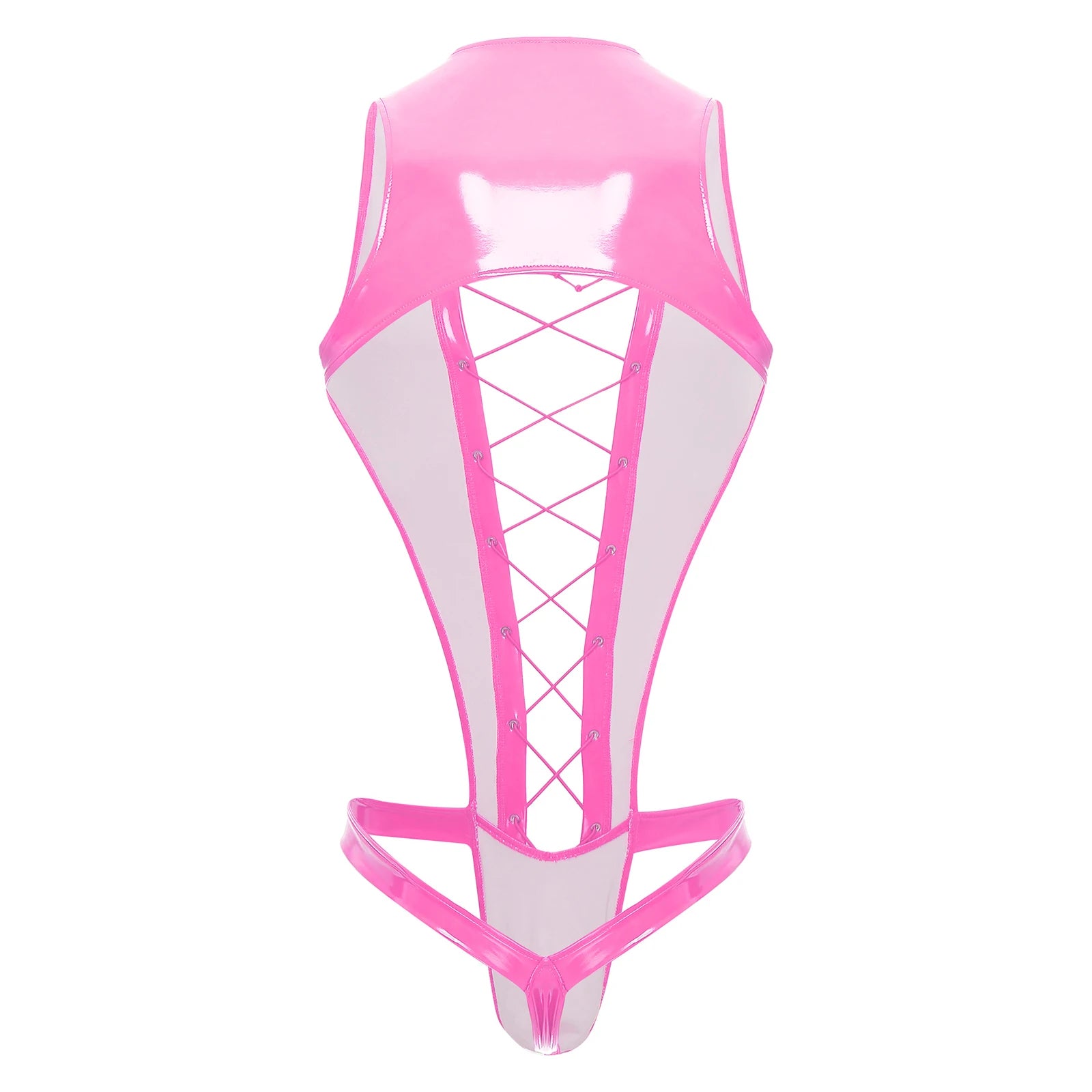 flat lay of hot pink wet-look corset teddy with glossy latex-effect finish, cinched waist and thong back, hot pink color – pridevoyageshop.com – gay men’s harness, lingerie and fetish wear