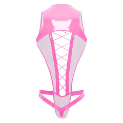 flat lay of hot pink wet-look corset teddy with glossy latex-effect finish, cinched waist and thong back, hot pink color – pridevoyageshop.com – gay men’s harness, lingerie and fetish wear