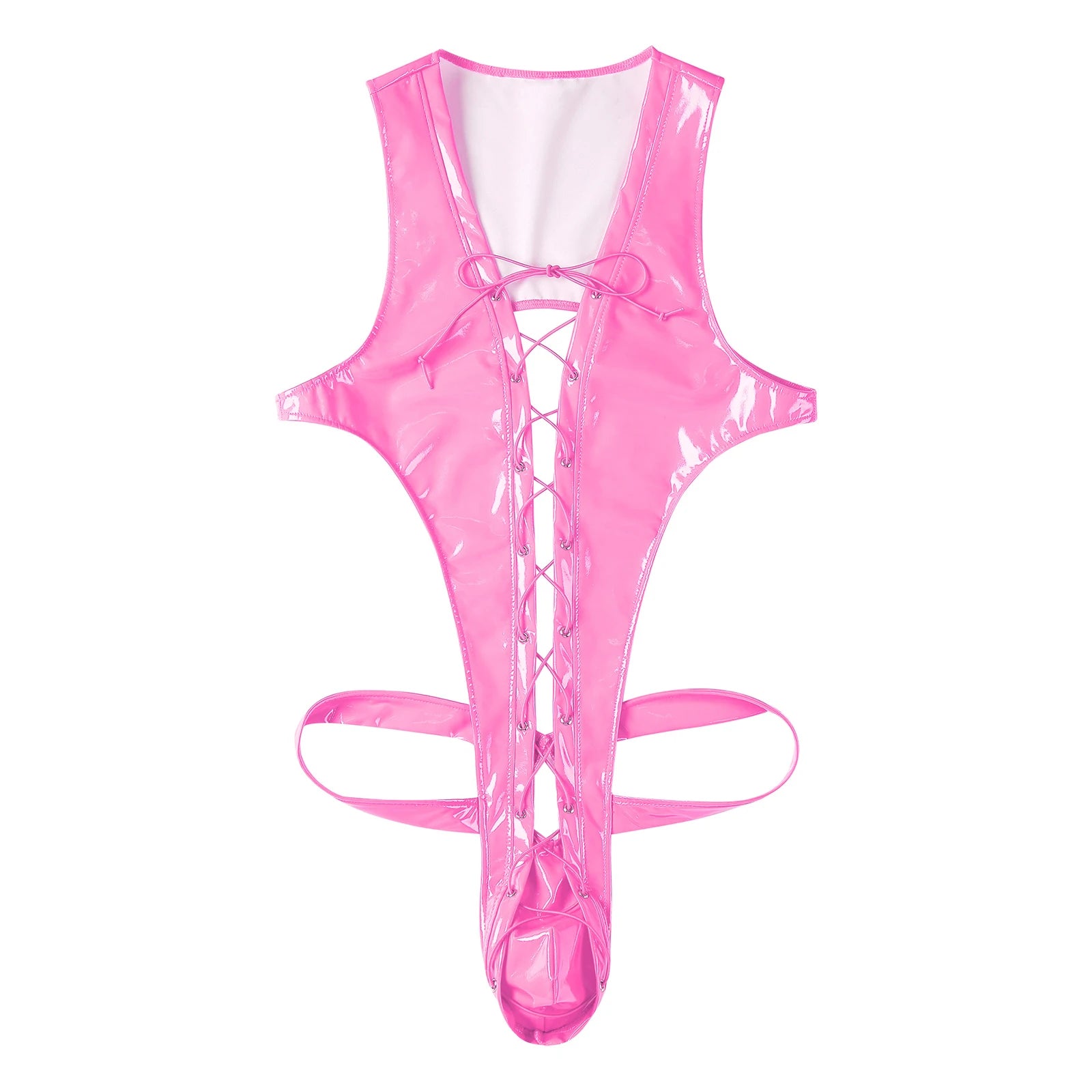 flat lay of hot pink wet-look corset teddy with glossy latex-effect finish, cinched waist and thong back, hot pink color – pridevoyageshop.com – gay men’s harness, lingerie and fetish wear