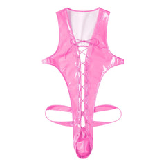 flat lay of hot pink wet-look corset teddy with glossy latex-effect finish, cinched waist and thong back, hot pink color – pridevoyageshop.com – gay men’s harness, lingerie and fetish wear