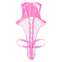 flat lay of hot pink wet-look corset teddy with glossy latex-effect finish, cinched waist and thong back, hot pink color – pridevoyageshop.com – gay men’s harness, lingerie and fetish wear