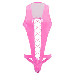 flat lay of hot pink wet-look corset teddy with glossy latex-effect finish, cinched waist and thong back, hot pink color – pridevoyageshop.com – gay men’s harness, lingerie and fetish wear