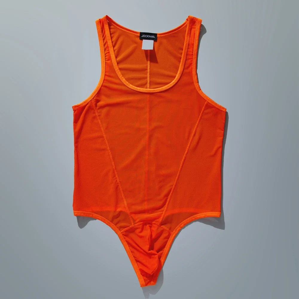 flat lay of orange sheer mesh high-cut leotard showing see-through stretch fabric and elastic trim, orange color – pridevoyageshop.com – gay men’s harness, lingerie and fetish wear
