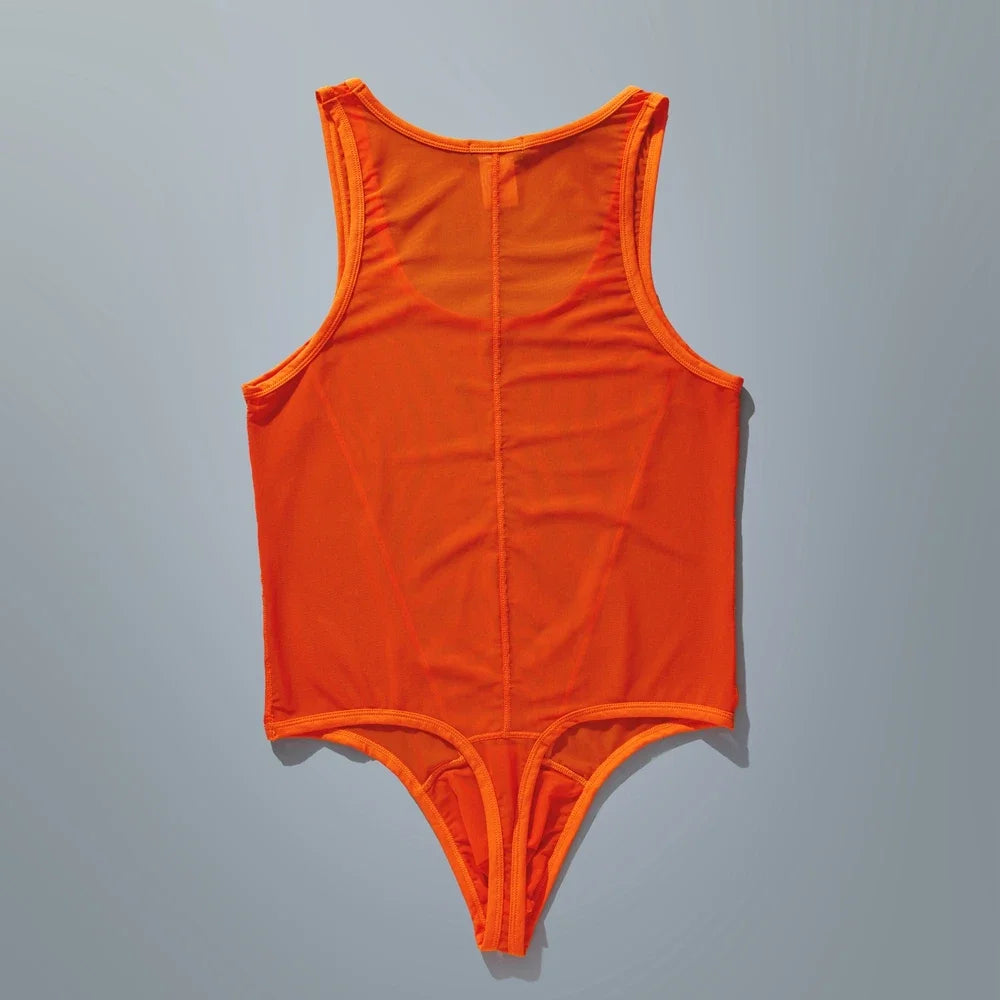 flat lay of orange sheer mesh high-cut leotard showing see-through stretch fabric and elastic trim, orange color – pridevoyageshop.com – gay men’s harness, lingerie and fetish wear