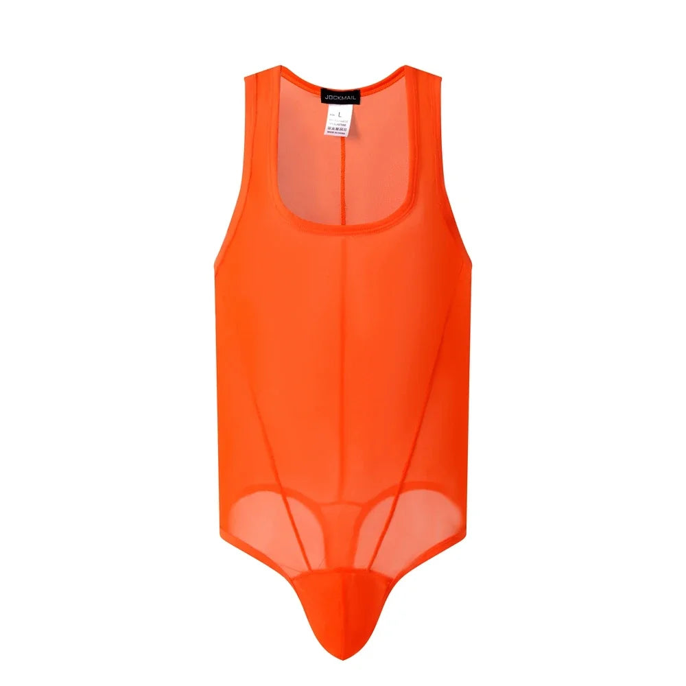 flat lay of orange sheer mesh high-cut leotard showing see-through stretch fabric and elastic trim, orange color – pridevoyageshop.com – gay men’s harness, lingerie and fetish wear