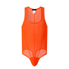 flat lay of orange sheer mesh high-cut leotard showing see-through stretch fabric and elastic trim, orange color – pridevoyageshop.com – gay men’s harness, lingerie and fetish wear