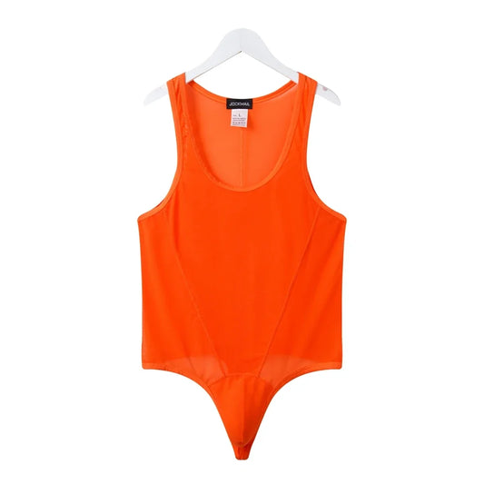 flat lay of orange sheer mesh high-cut leotard showing see-through stretch fabric and elastic trim, orange color – pridevoyageshop.com – gay men’s harness, lingerie and fetish wear