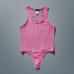 flat lay of pink sheer mesh high-cut leotard showing see-through stretch fabric and elastic trim, pink color – pridevoyageshop.com – gay men’s harness, lingerie and fetish wear