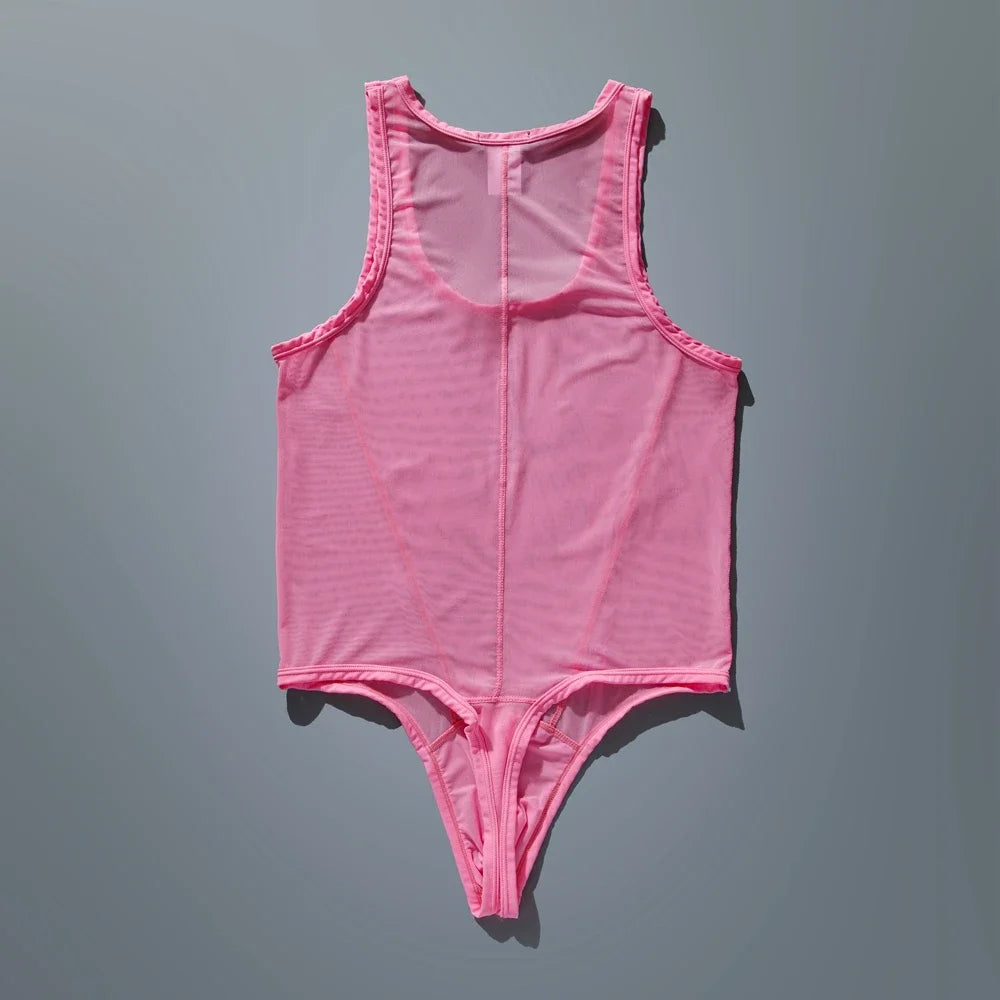 flat lay of pink sheer mesh high-cut leotard showing see-through stretch fabric and elastic trim, pink color – pridevoyageshop.com – gay men’s harness, lingerie and fetish wear