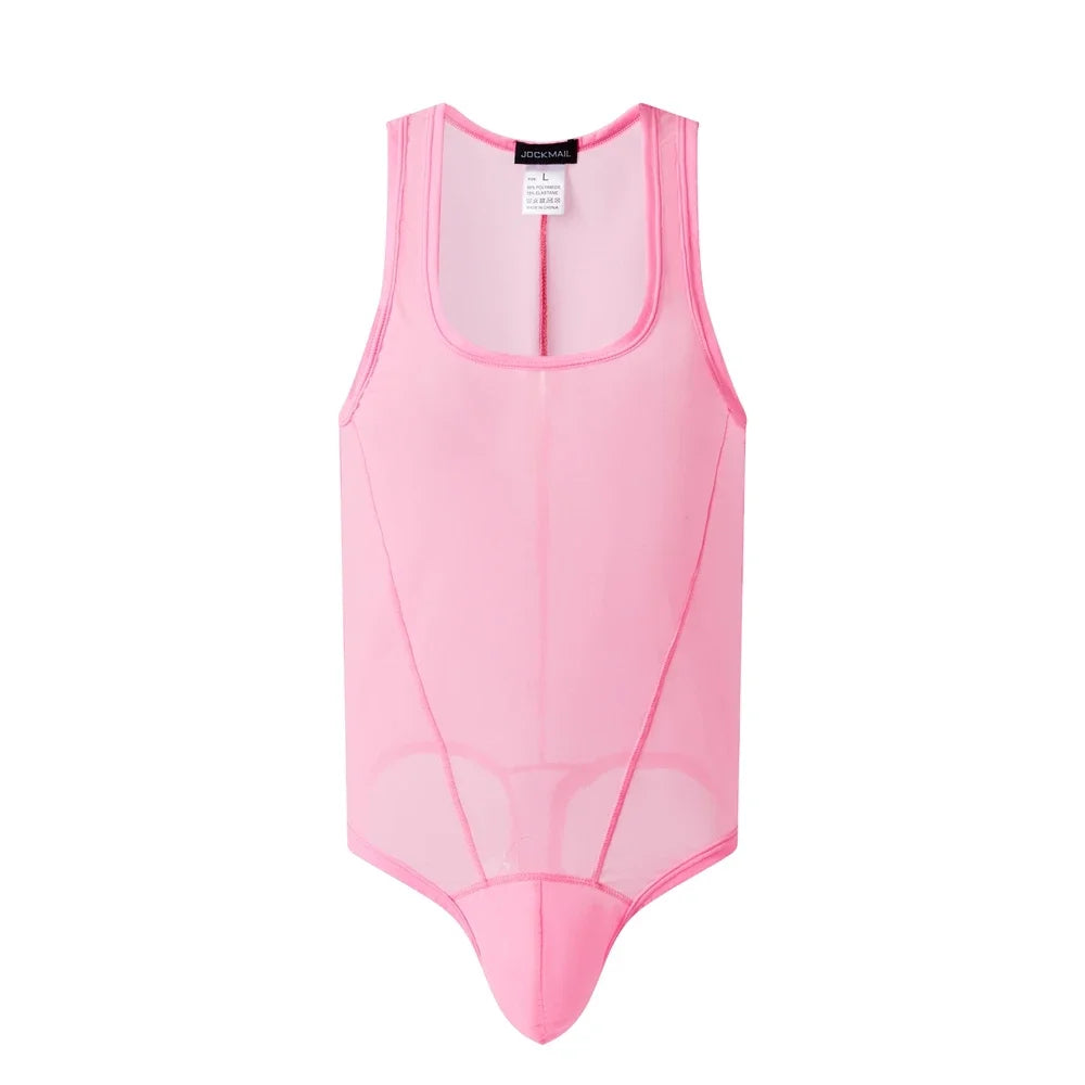 flat lay of pink sheer mesh high-cut leotard showing see-through stretch fabric and elastic trim, pink color – pridevoyageshop.com – gay men’s harness, lingerie and fetish wear
