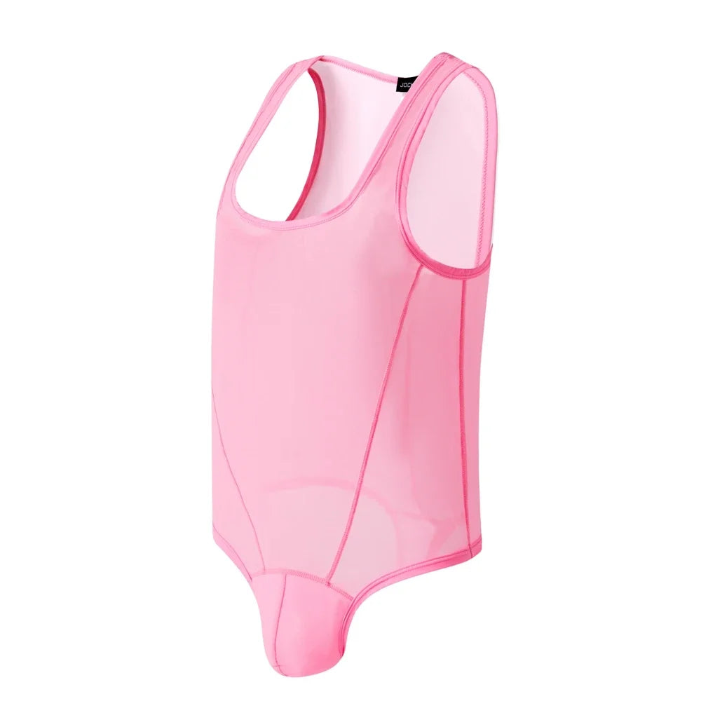 flat lay of pink sheer mesh high-cut leotard showing see-through stretch fabric and elastic trim, pink color – pridevoyageshop.com – gay men’s harness, lingerie and fetish wear