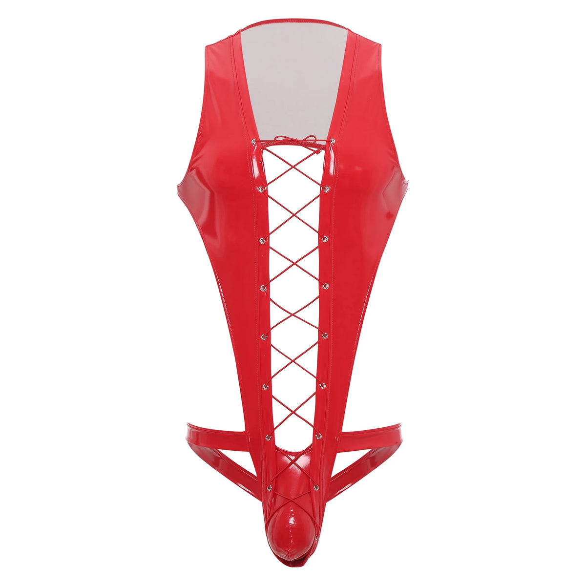 flat lay of red wet-look corset teddy with glossy latex-effect finish, cinched waist and thong back, red color – pridevoyageshop.com – gay men’s harness, lingerie and fetish wear