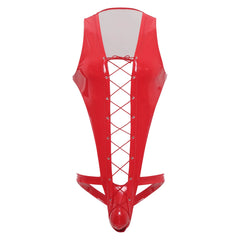 flat lay of red wet-look corset teddy with glossy latex-effect finish, cinched waist and thong back, red color – pridevoyageshop.com – gay men’s harness, lingerie and fetish wear
