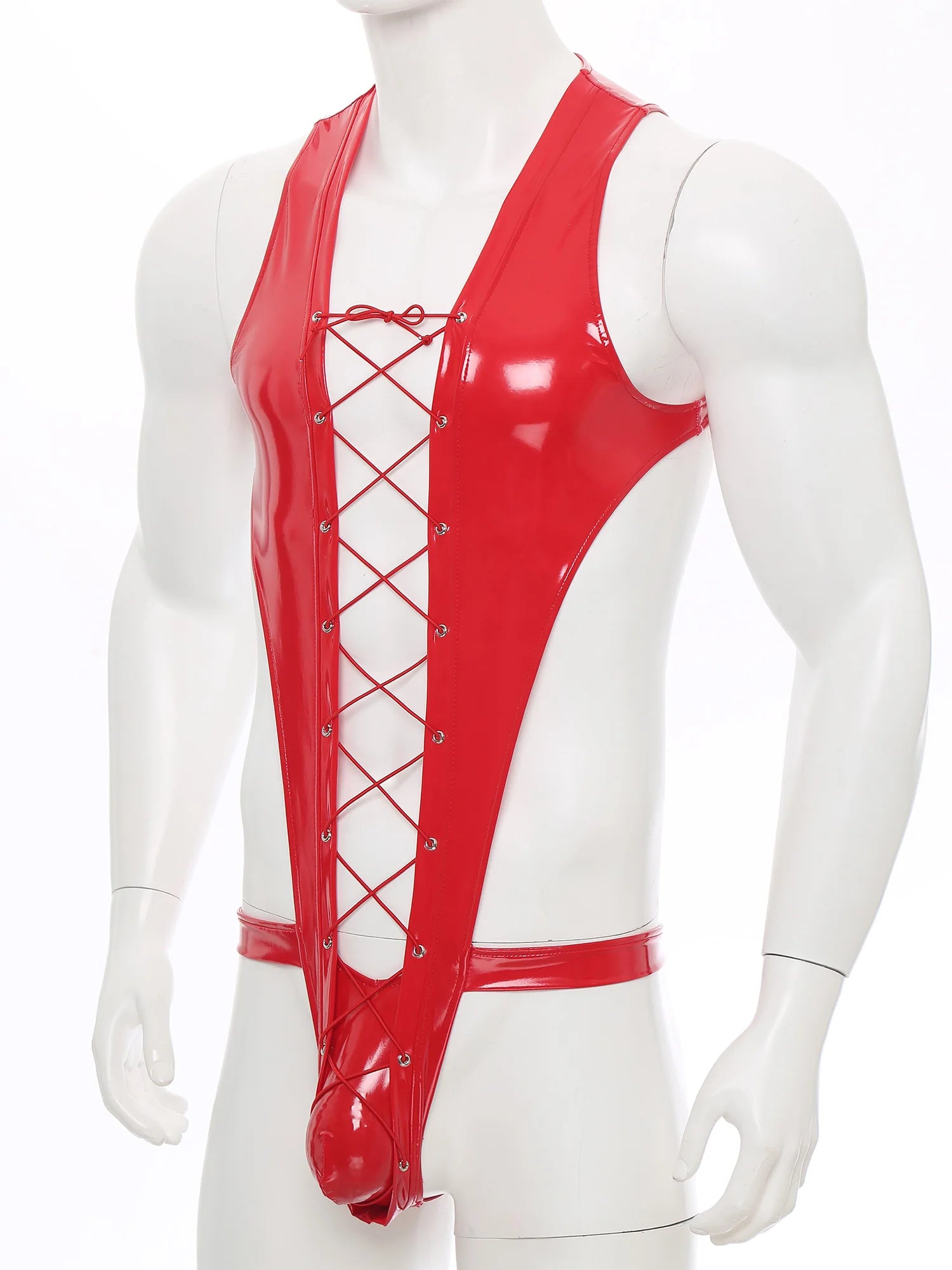 flat lay of red wet-look corset teddy with glossy latex-effect finish, cinched waist and thong back, red color – pridevoyageshop.com – gay men’s harness, lingerie and fetish wear