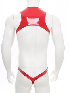 flat lay of red wet-look corset teddy with glossy latex-effect finish, cinched waist and thong back, red color – pridevoyageshop.com – gay men’s harness, lingerie and fetish wear