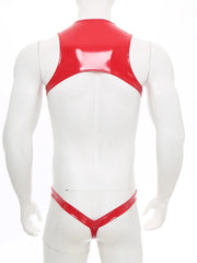 flat lay of red wet-look corset teddy with glossy latex-effect finish, cinched waist and thong back, red color – pridevoyageshop.com – gay men’s harness, lingerie and fetish wear