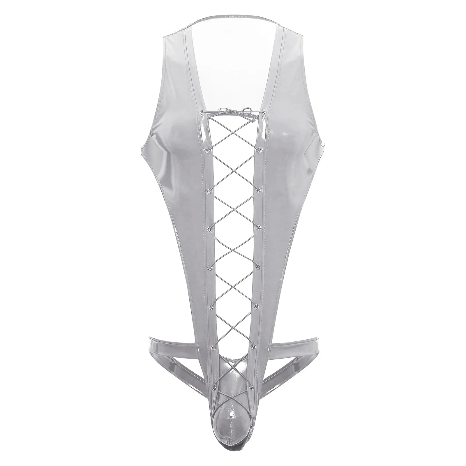 flat lay of silver wet-look corset teddy with glossy latex-effect finish, cinched waist and thong back, silver color – pridevoyageshop.com – gay men’s harness, lingerie and fetish wear