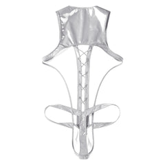 flat lay of silver wet-look corset teddy with glossy latex-effect finish, cinched waist and thong back, silver color – pridevoyageshop.com – gay men’s harness, lingerie and fetish wear