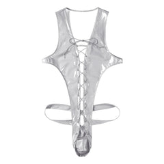 flat lay of silver wet-look corset teddy with glossy latex-effect finish, cinched waist and thong back, silver color – pridevoyageshop.com – gay men’s harness, lingerie and fetish wear