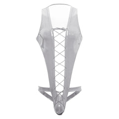 flat lay of silver wet-look corset teddy with glossy latex-effect finish, cinched waist and thong back, silver color – pridevoyageshop.com – gay men’s harness, lingerie and fetish wear