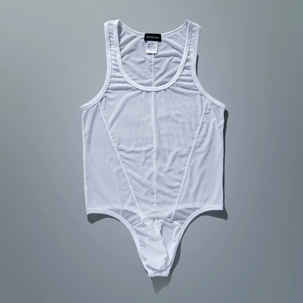 flat lay of white sheer mesh high-cut leotard showing see-through stretch fabric and elastic trim, white color – pridevoyageshop.com – gay men’s harness, lingerie and fetish wear