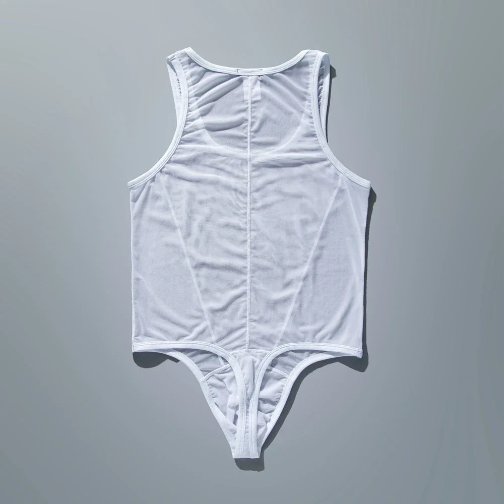 flat lay of white sheer mesh high-cut leotard showing see-through stretch fabric and elastic trim, white color – pridevoyageshop.com – gay men’s harness, lingerie and fetish wear