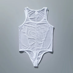 flat lay of white sheer mesh high-cut leotard showing see-through stretch fabric and elastic trim, white color – pridevoyageshop.com – gay men’s harness, lingerie and fetish wear