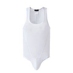 flat lay of white sheer mesh high-cut leotard showing see-through stretch fabric and elastic trim, white color – pridevoyageshop.com – gay men’s harness, lingerie and fetish wear
